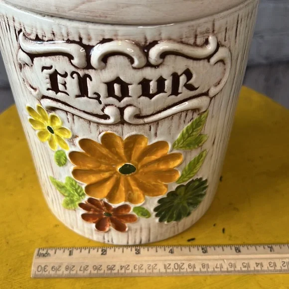 Treasure craft flour floral canister retro vintage 60s 70s BoHo bohemian wood - Picture 10 of 10